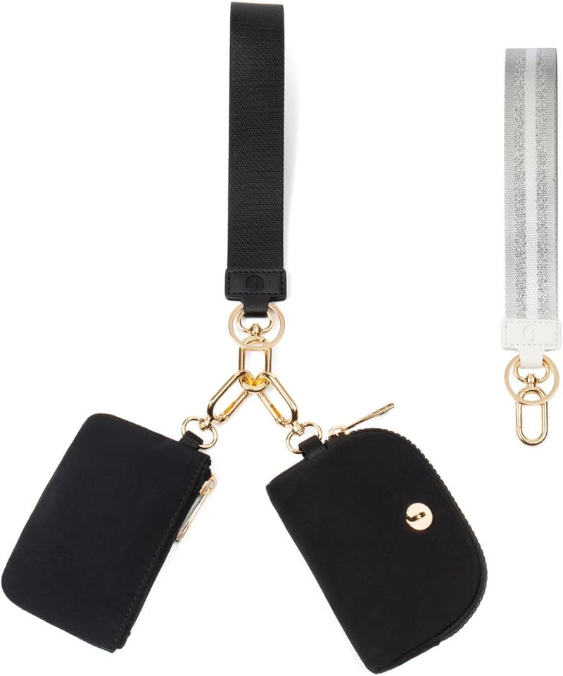 JEEBURYEE Dual Pouch Wristlet Keychain Wallet with 2 Wrist Straps - Small and Portable Mini Zipper Coin Purse Card Wallets for Women Men Gold Hardware Black+Black - Image 1